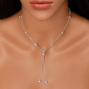 Elegant Polished Silver Beads Fringe  Necklace, 38" Long Women's Fashion Jewelry